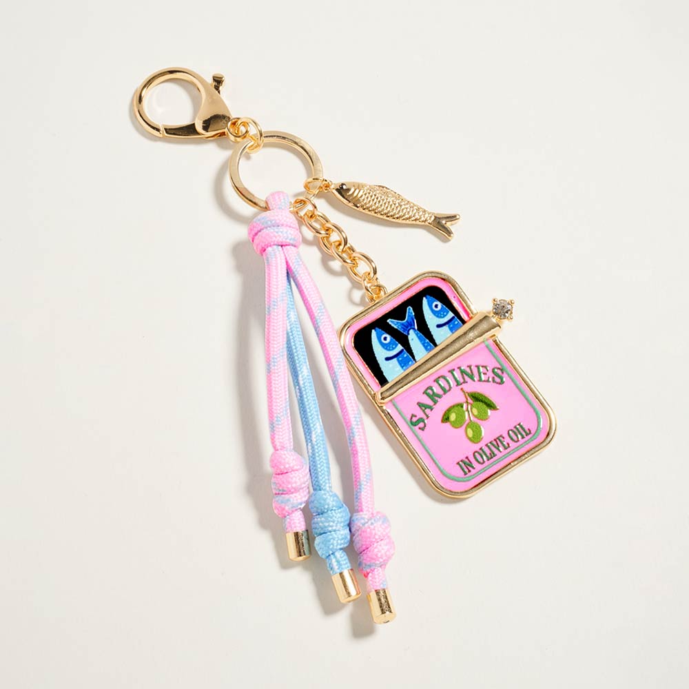 Madeline Love Gold, Pink Sardine Can Charm Accent Knotted Cords Drop Bag Charm Keychain - Bags & Wallets