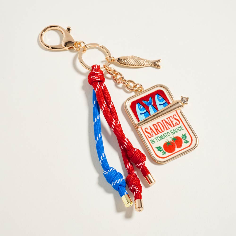 Madeline Love Gold, Red Sardine Can Charm Accent Knotted Cords Drop Bag Charm Keychain - Bags & Wallets