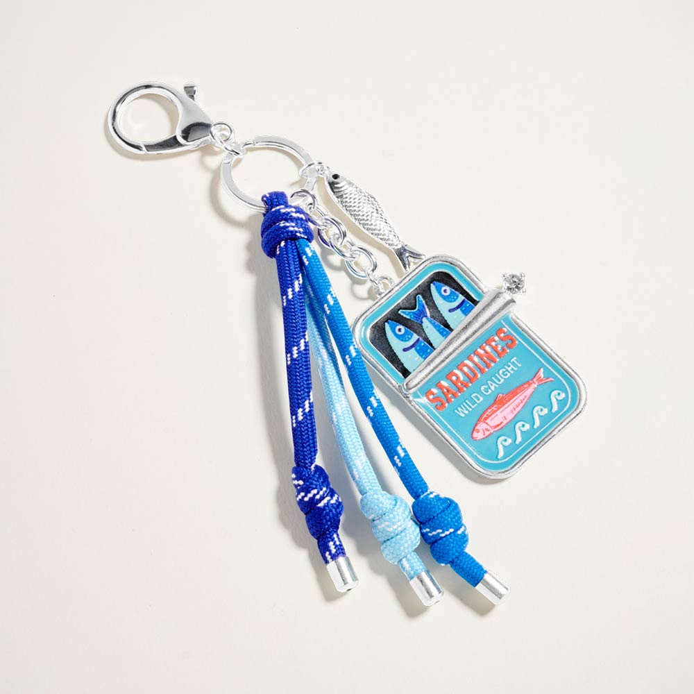 Madeline Love Silver, Turquoise Sardine Can Charm Accent Knotted Cords Drop Bag Charm Keychain - Bags & Wallets