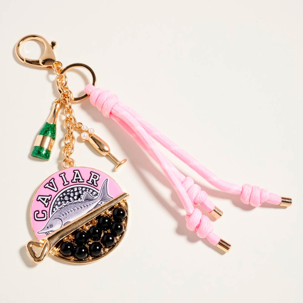 Madeline Love Gold, Pink Caviar Sardine Champagne Glass Charm Knotted Rope Drop Bag Charm Keychain - Bags & Wallets