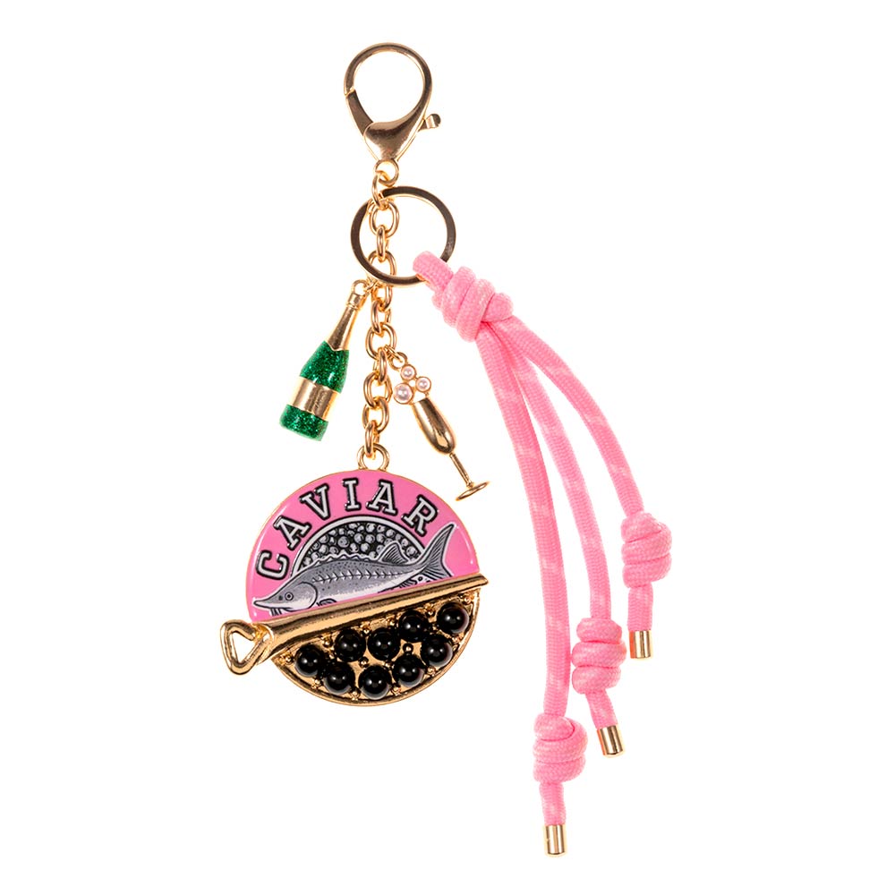 Madeline Love Gold, Pink Caviar Sardine Champagne Glass Charm Knotted Rope Drop Bag Charm Keychain - Bags & Wallets - desc