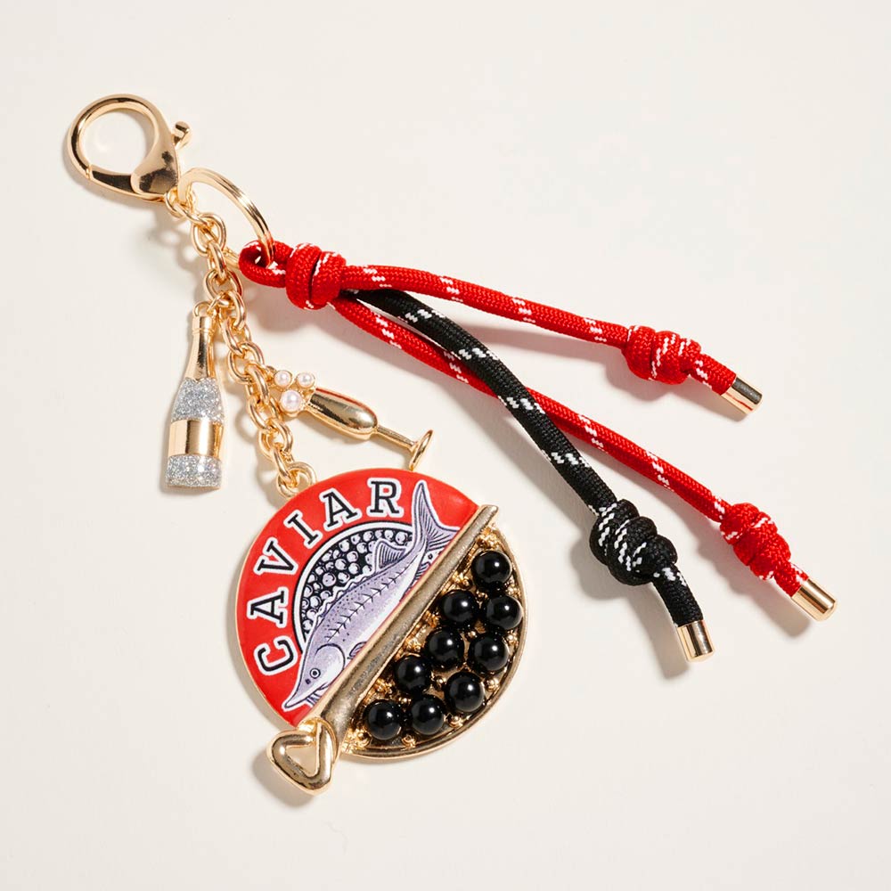 Madeline Love Gold, Red Caviar Sardine Champagne Glass Charm Knotted Rope Drop Bag Charm Keychain - Bags & Wallets