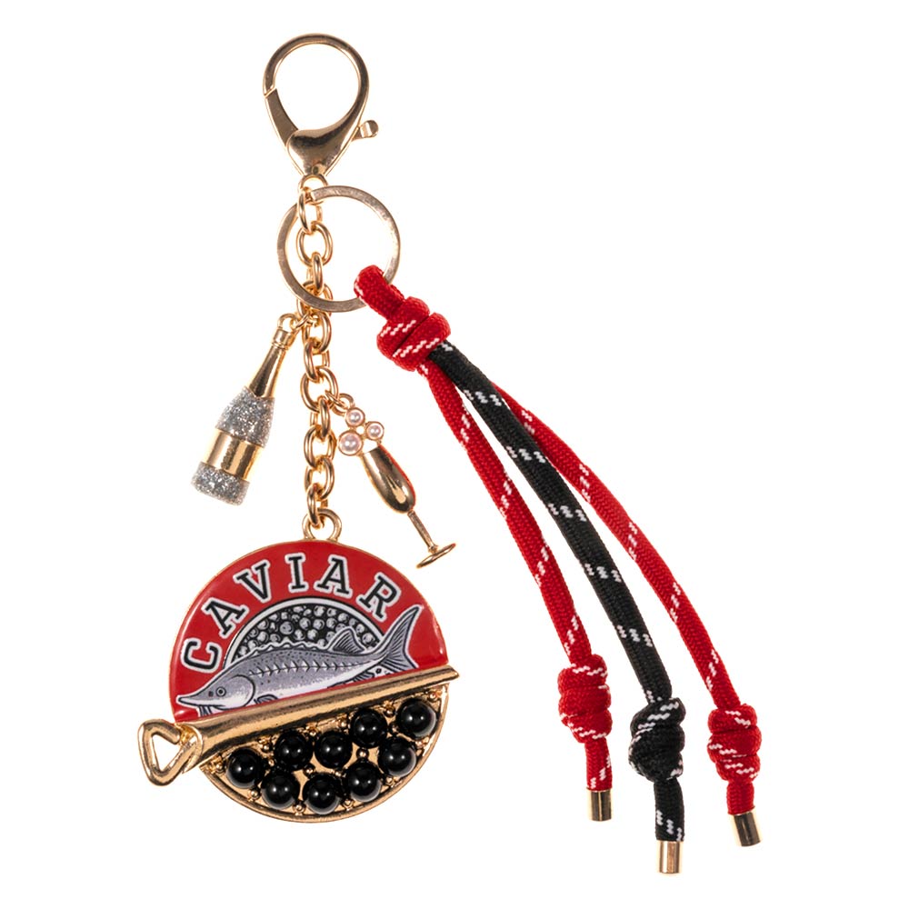 Madeline Love Gold, Red Caviar Sardine Champagne Glass Charm Knotted Rope Drop Bag Charm Keychain - Bags & Wallets - desc