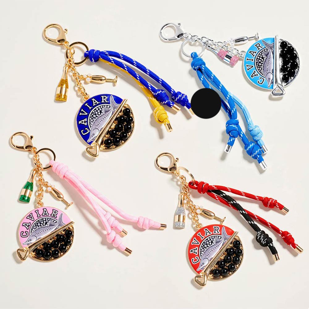 Madeline Love Gold, Red Caviar Sardine Champagne Glass Charm Knotted Rope Drop Bag Charm Keychain - Bags & Wallets - extra
