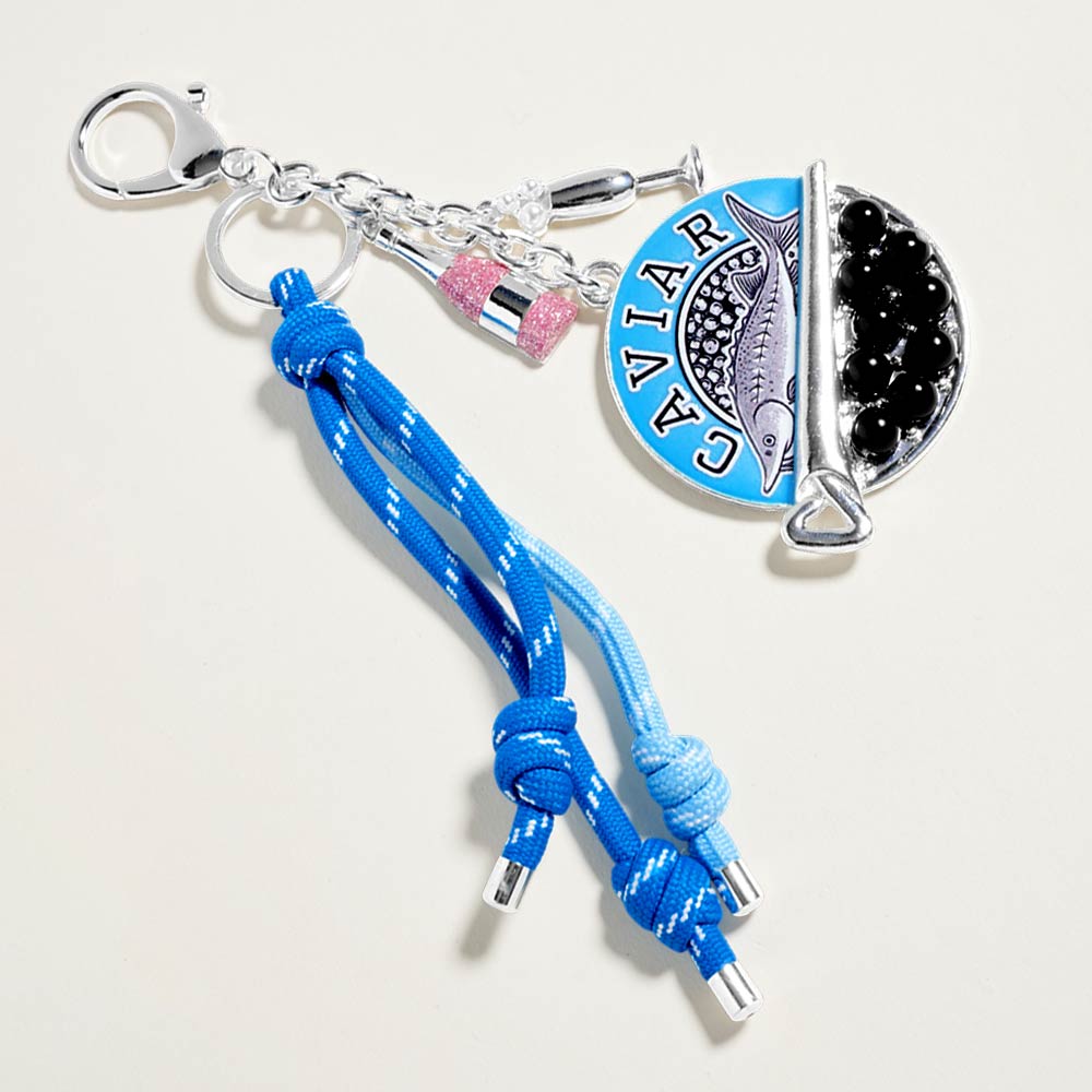 Madeline Love Silver, Turquoise Caviar Sardine Champagne Glass Charm Knotted Rope Drop Bag Charm Keychain - Bags & Wallets