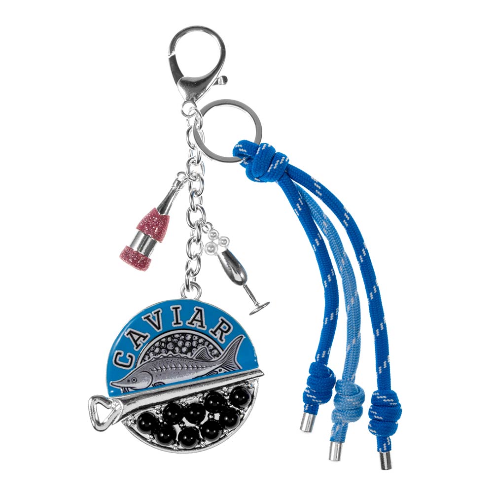 Madeline Love Silver, Turquoise Caviar Sardine Champagne Glass Charm Knotted Rope Drop Bag Charm Keychain - Bags & Wallets - desc