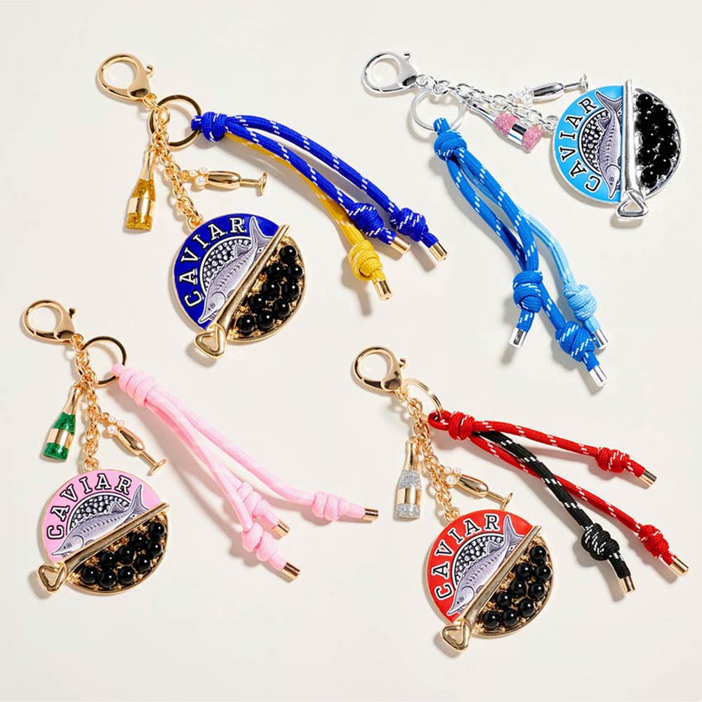 Madeline Love Silver, Turquoise Caviar Sardine Champagne Glass Charm Knotted Rope Drop Bag Charm Keychain - Bags & Wallets - extra