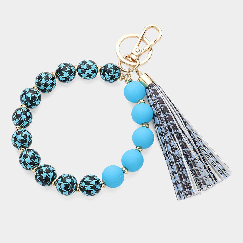 Madeline Love Blue Houndstooth Patterned Beaded Tassel Keychain / Bracelet - Bracelets
