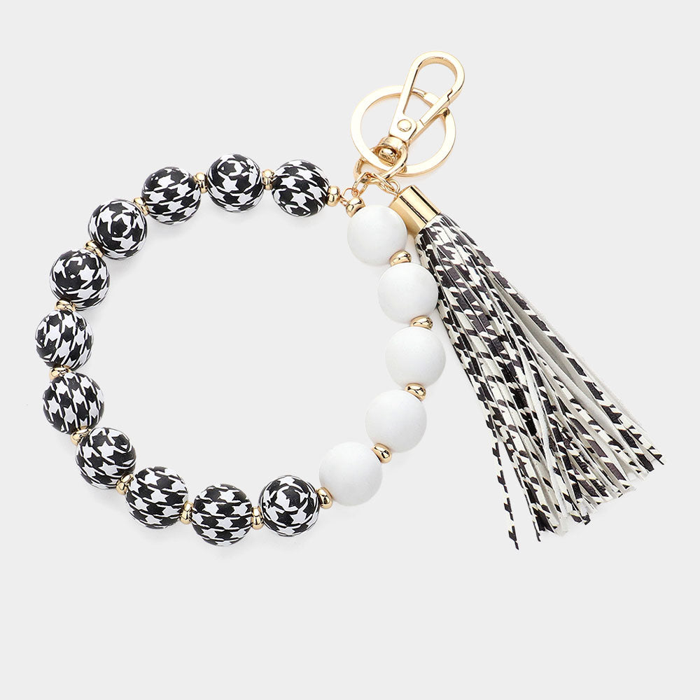 Madeline Love Jet Black Houndstooth Patterned Beaded Tassel Keychain / Bracelet - Bracelets