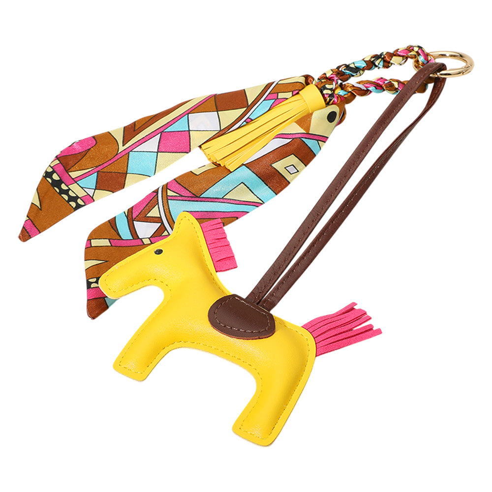 Faux Leather Horse Tassel Scarf Bag Charm - Yellow - Keychains