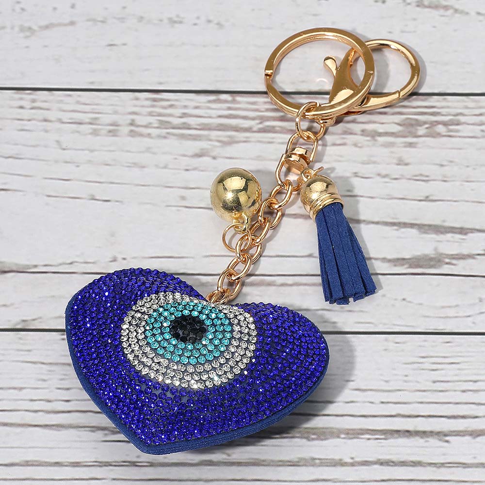 Madeline Love Blue Bling Studded Heart Evil Eye Tassel Keychain Bag Charm - Bags & Wallets