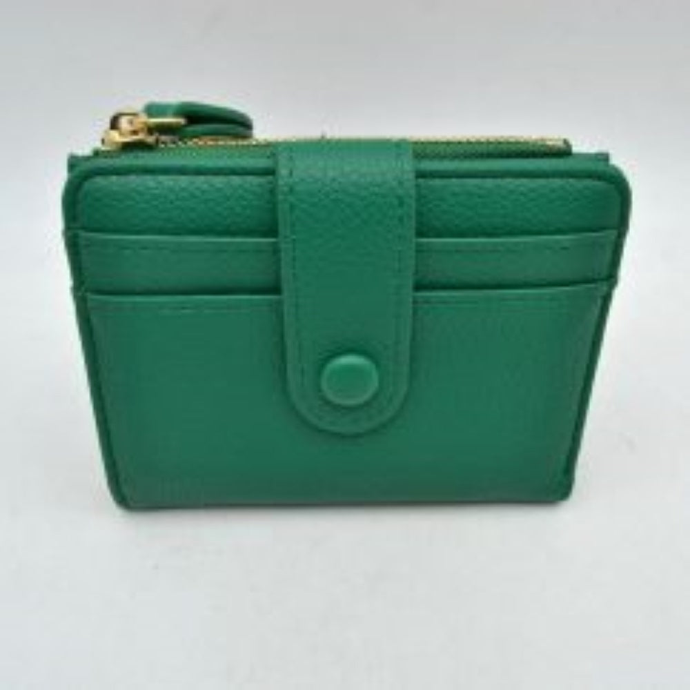 Kelly-green This compact card holder wallet features a textured pebbled exterior in a soft beige tone, providing a sleek and practical design for daily organization. The front panel is equipped with multiple exterior card slots secured by a matching leather strap with a snap button closure. A secure side pocket with a metallic gold-tone zipper and a detailed leather pull tab opens to an internal compartment for coins or folded bills, making it an essential companion for minimalist carrying.