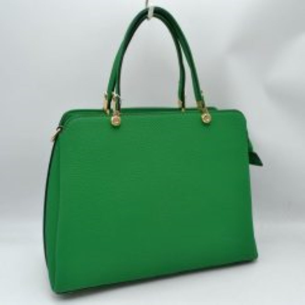 Kelly Green This structured handbag is designed for everyday use, featuring dual arched top handles attached with round metallic hardware. The design includes multiple storage compartments to organize your belongings, featuring a central zippered closure alongside separate side compartments.