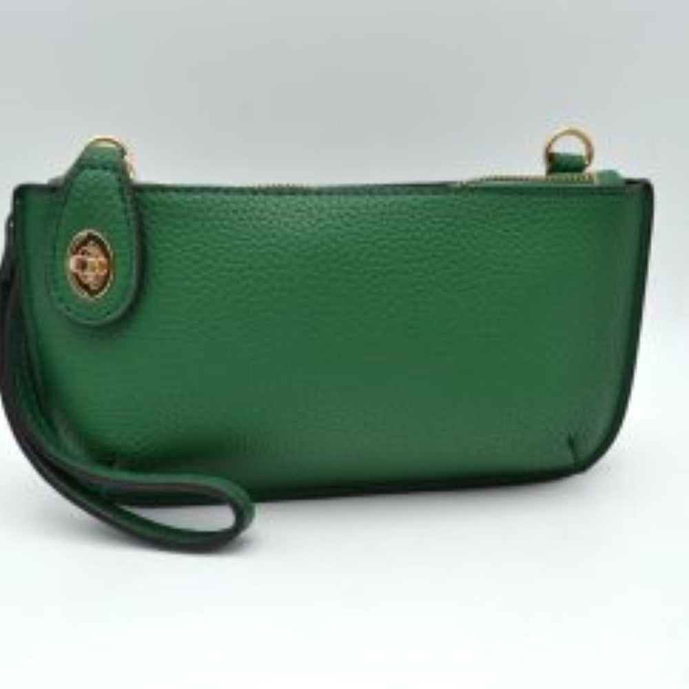 Kelly Green This versatile everyday bag features a compact pebbled textured body with a slightly curved base silhouette. Designed for organized daily or evening use, the main storage compartment is secured by a top zipper closure and accented with a small decorative metallic turn-lock detail on the side panel. It offers multiple carrying options, equipped with a long, adjustable crossbody shoulder strap and a shorter matching wristlet loop