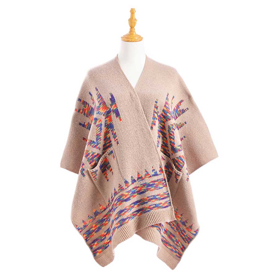 Khaki Boho Patterned Front Pockets Poncho, with the latest trend in ladies' outfit cover-up! the high-quality knit poncho is soft, comfortable, and warm but lightweight. It's perfect for your daily, casual, party, evening, vacation, and other special events outfits. A fantastic gift for your friends or family.