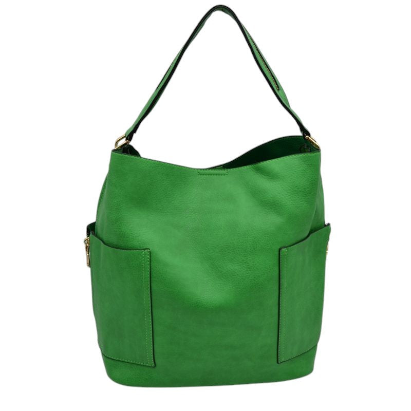 2-in-1 Chic Satchel Side Pocket Bucket Bag with Long Strap - Khaki Green - Tote Bag
