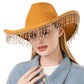 Khaki Rhinestone Stone Paved Fringe Around Cowboy Western Hat features a unique and stylish design with rhinestone-studded fringe detailing. Constructed for durability and comfort, it adds a touch of glamour to any look. Perfect for a day on the ranch or a night out on the town, it is a must-have for any fashion-forward cowboy.