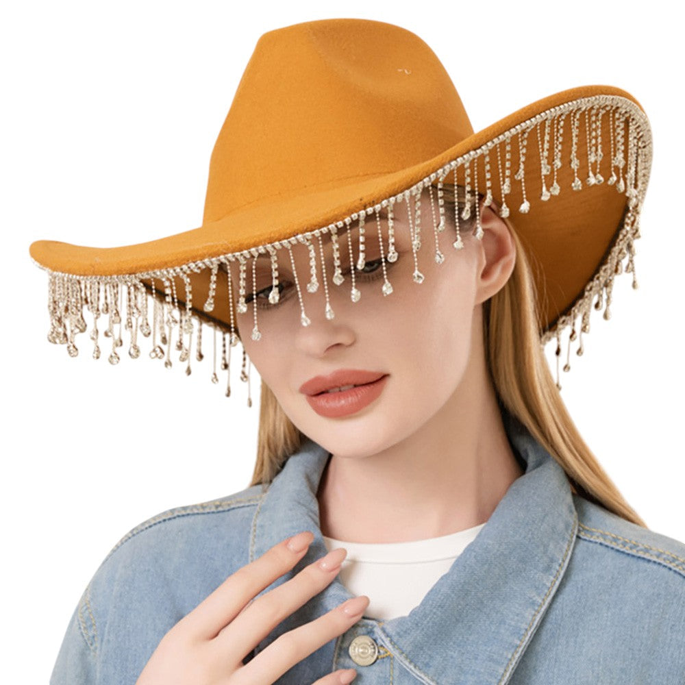 Khaki Rhinestone Stone Paved Fringe Around Cowboy Western Hat features a unique and stylish design with rhinestone-studded fringe detailing. Constructed for durability and comfort, it adds a touch of glamour to any look. Perfect for a day on the ranch or a night out on the town, it is a must-have for any fashion-forward cowboy.