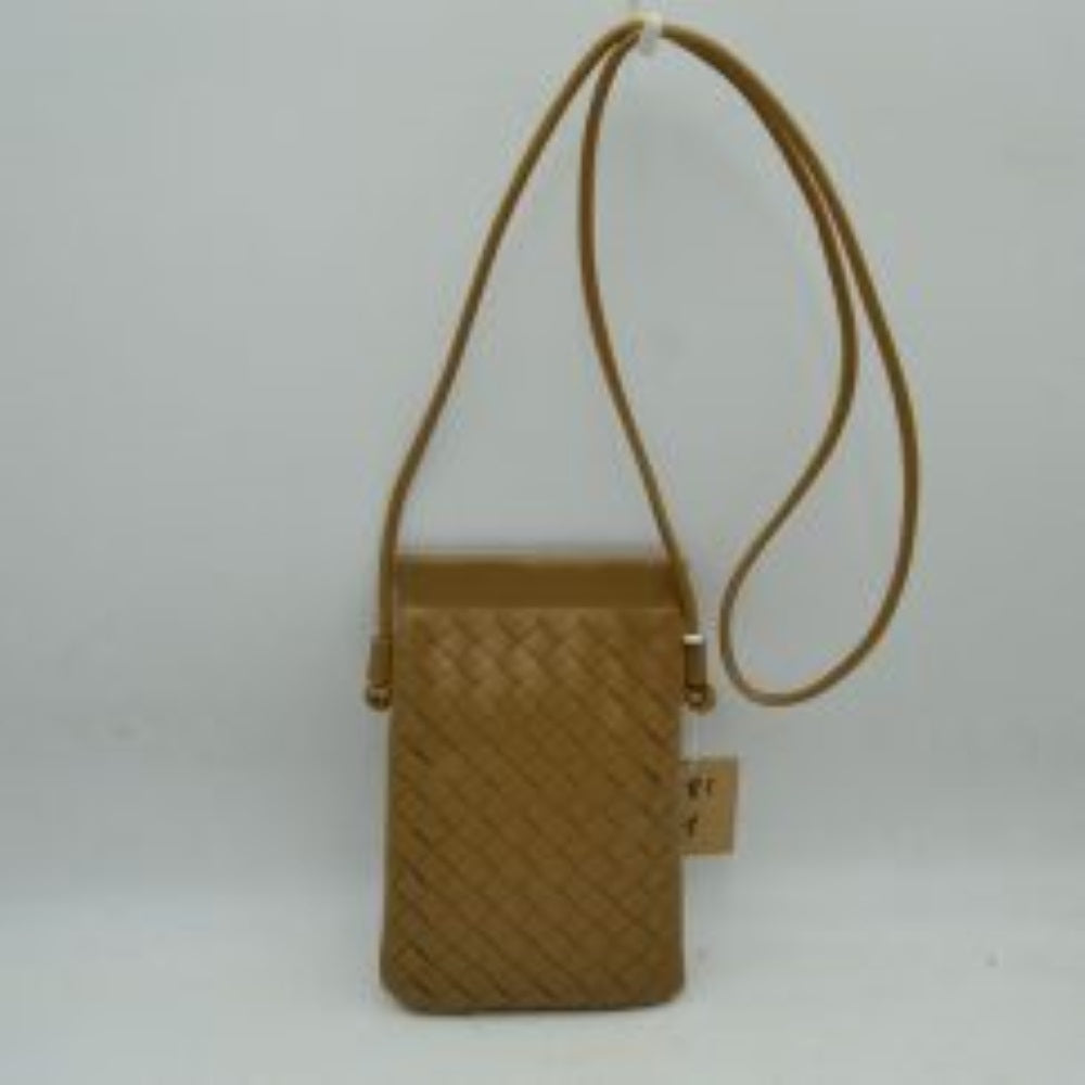 Khaki This compact vertical crossbody bag is designed for everyday functionality with a distinct woven textured pattern across its body. It features a slim, continuous cord strap attached securely to the sides with visible knot details for comfortable carrying. A clean horizontal opening at the top allows effortless access to the main storage compartment