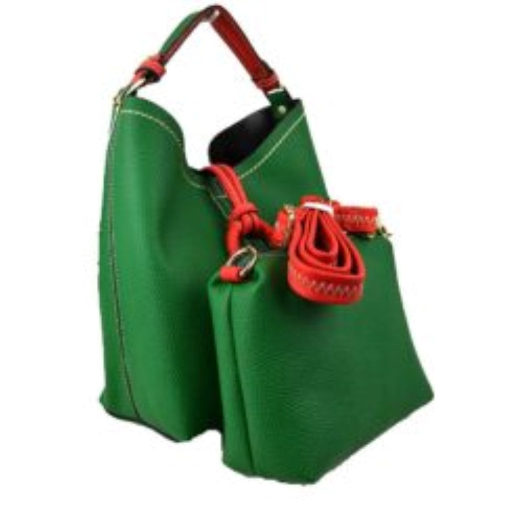 King Green This structured everyday bucket bag features a pebbled textured body with a distinctive curved, dip-top opening and prominent contrast stitching details along the front panel. It is designed with a singular flat top handle anchored to the sides by polished metal hardware loops for comfortable carrying. A central loop strap extends from the back to the front
