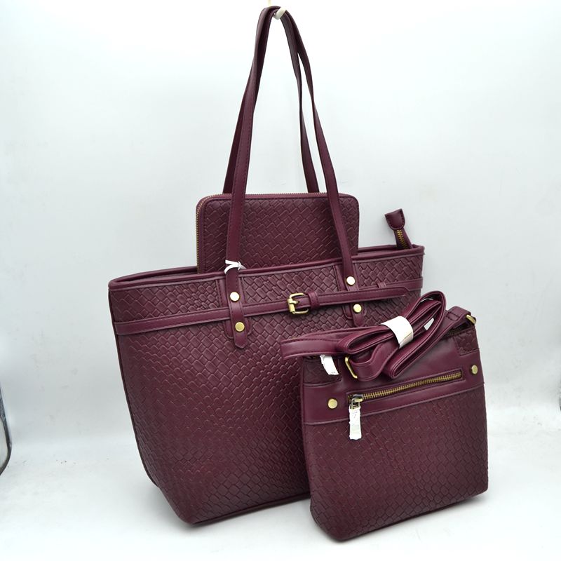 Woven Tote Bag Set with Crossbody and Wallet - Wine - Tote Bag