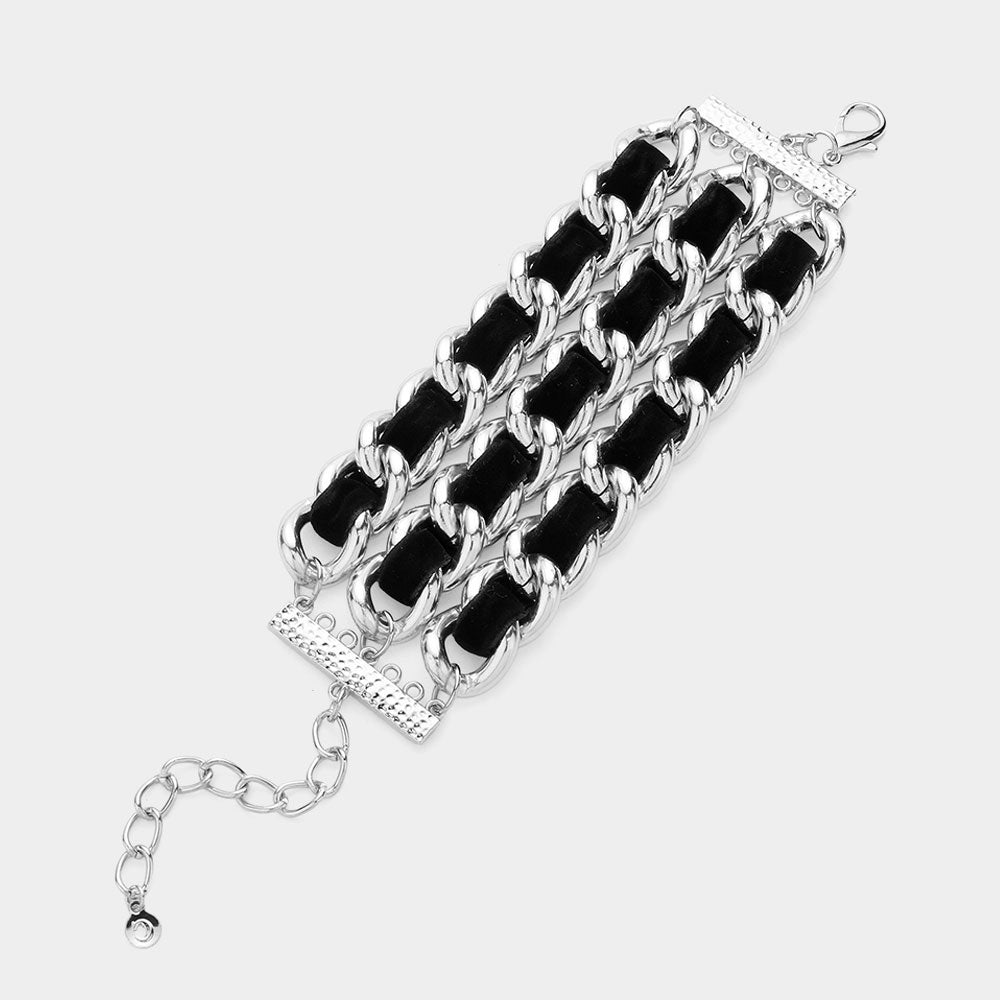 Madeline Love Black, Rhodium Woven Microfiber Suede Link Bracelet - Bracelets - desc