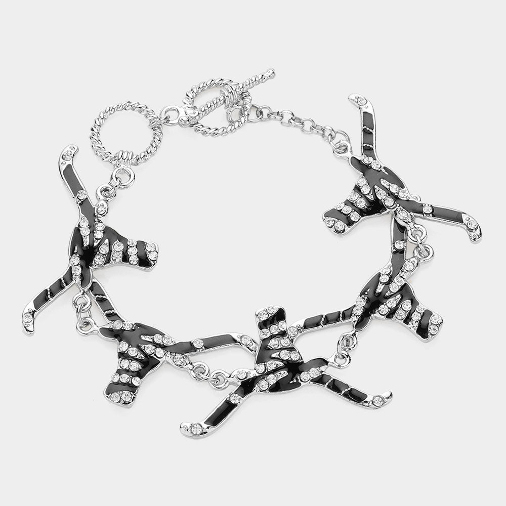 Madeline Love Black, Clear, Rhodium Zebra Patterned Stone Paved Bulls Link Bracelet - Bracelets