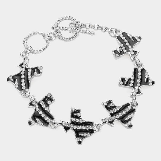 Madeline Love Black, Clear, Rhodium Zebra Patterned Stone Paved Texas State Map Link Bracelet - Bracelets