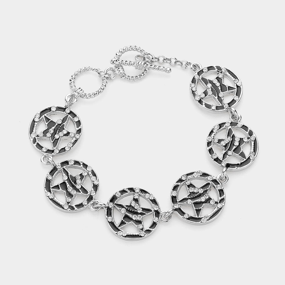Madeline Love Black, Clear, Rhodium Zebra Patterned Stone Paved Star Link Bracelet - Bracelets