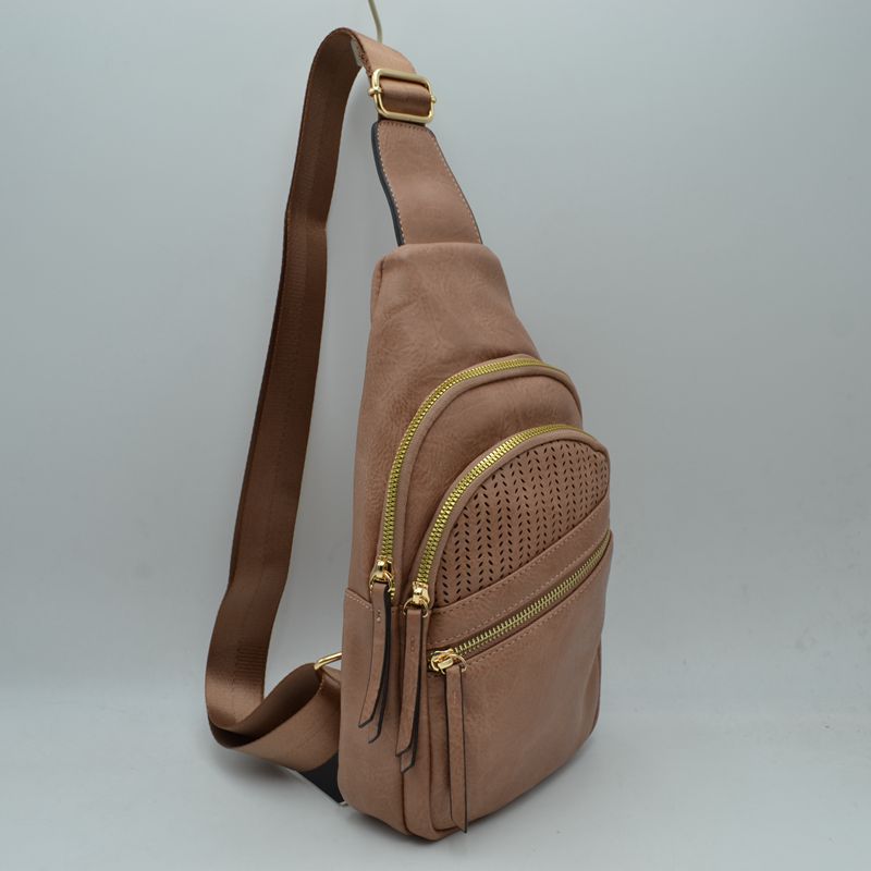 Perforated Sling Bag with Multi-Zipper Compartments - Dark Blush - Sling Bag