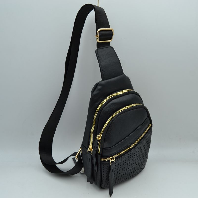 Perforated Crossbody Sling Bag with Triple Zipper Pockets - Black - Sling Bag