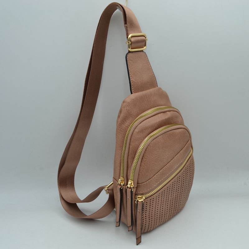 Perforated Crossbody Sling Bag with Triple Zipper Pockets - Dark Blush - Sling Bag