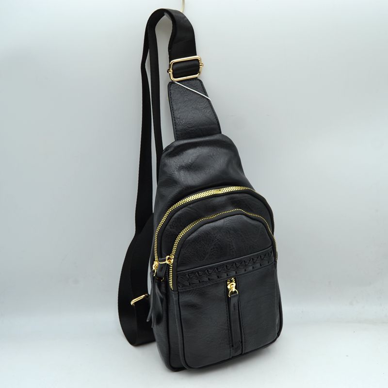 Braided Accent Sling Bag with Multi-Zipper Compartments - Black - Sling Bag