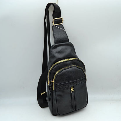 Braided Accent Sling Bag with Multi-Zipper Compartments - Black - Sling Bag