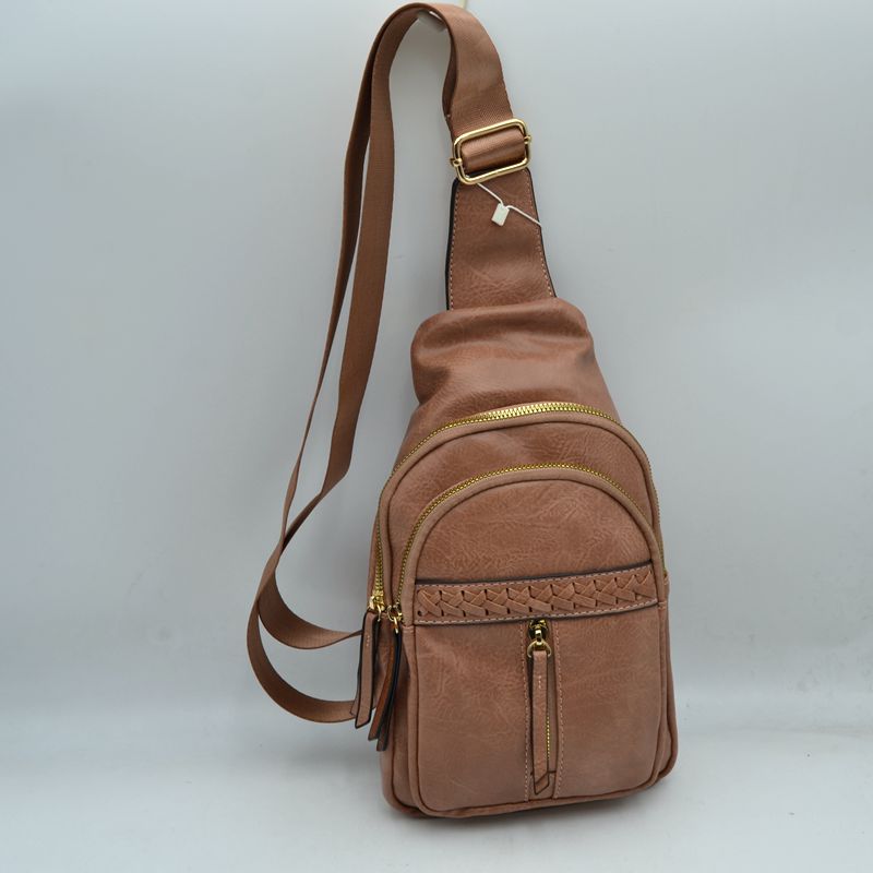 Braided Accent Sling Bag with Multi-Zipper Compartments - Dark Blush - Sling Bag
