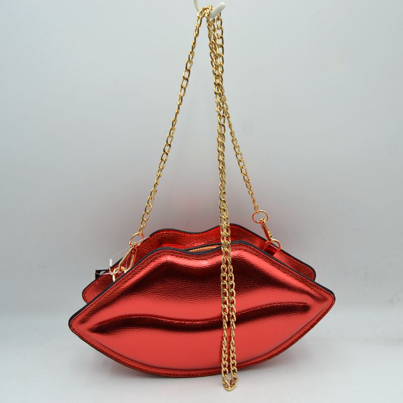 Metallic Lip Shaped Crossbody Bag with Chain Strap - Red - Cross Body Bag