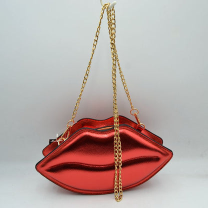 Metallic Lip Shaped Crossbody Bag with Chain Strap - Red - Cross Body Bag