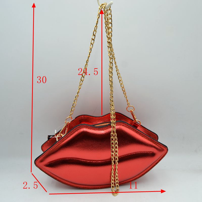 Metallic Lip Shaped Crossbody Bag with Chain Strap - Red - Cross Body Bag