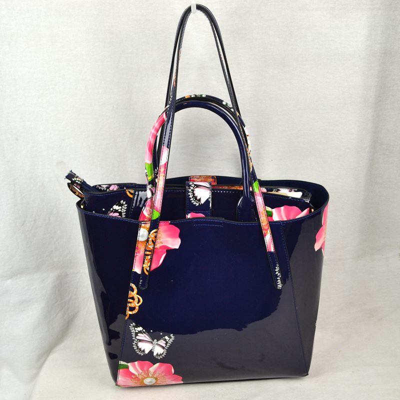 2-Piece Patent Floral Tote Bag and Matching Satchel Set - Tote Bag