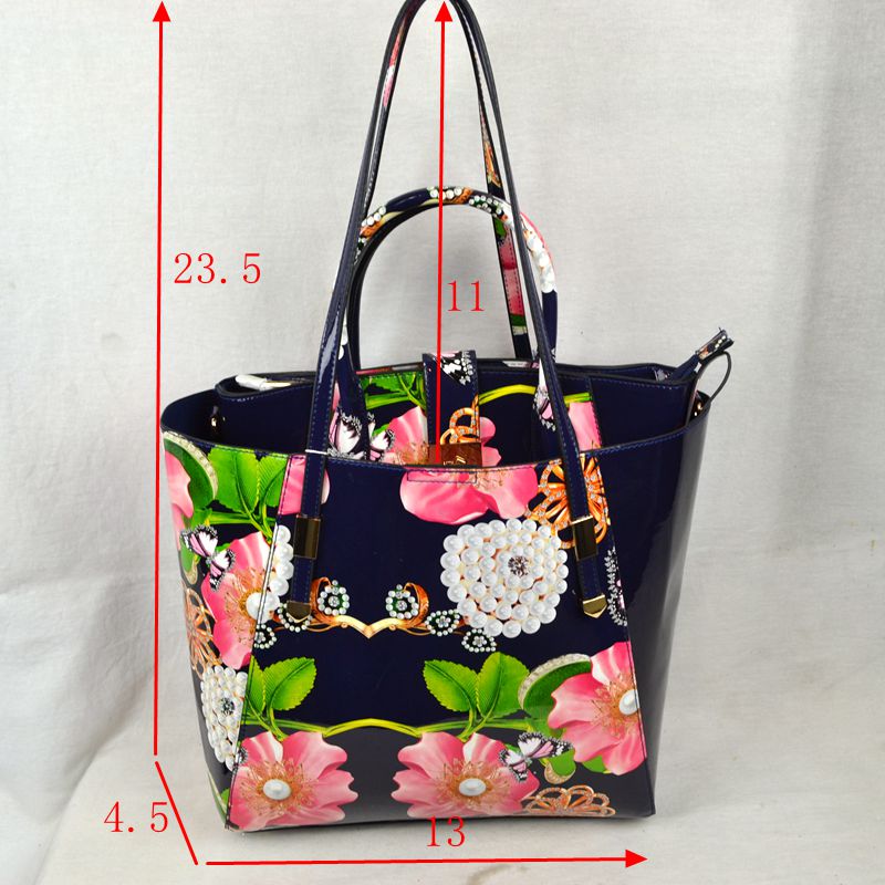 2-Piece Patent Floral Tote Bag and Matching Satchel Set - Tote Bag