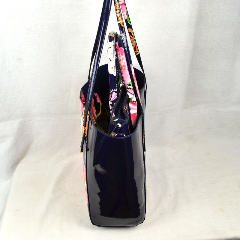 2-Piece Patent Floral Tote Bag and Matching Satchel Set - Tote Bag