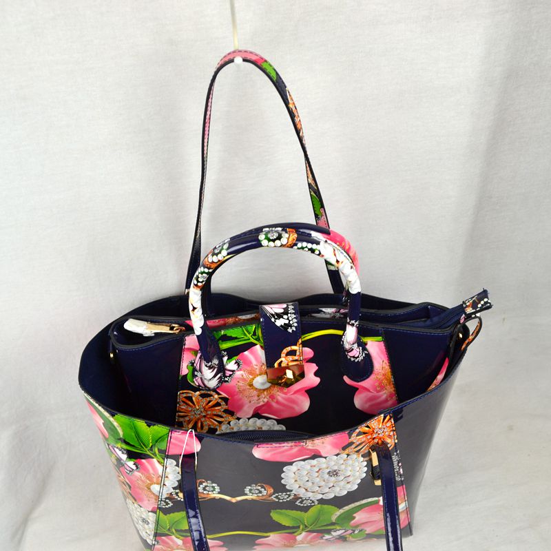 2-Piece Patent Floral Tote Bag and Matching Satchel Set - Tote Bag