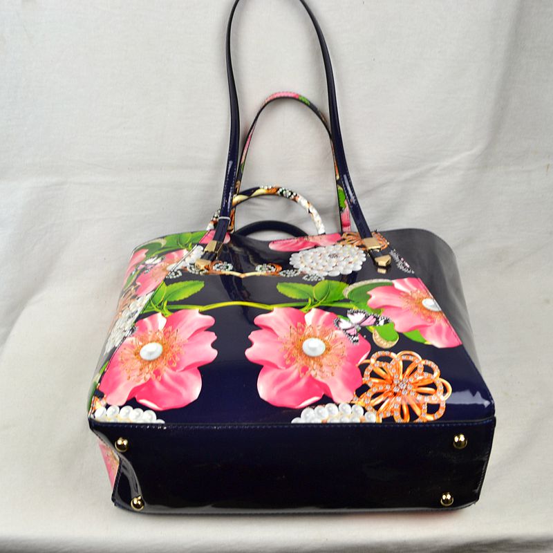 2-Piece Patent Floral Tote Bag and Matching Satchel Set - Tote Bag