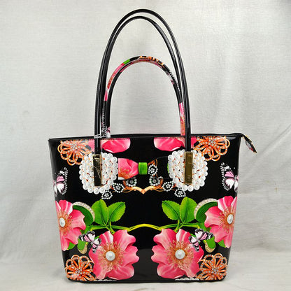 Glossy Patent Floral Tote Bag with Bow Accent and Double Handles - Black - Tote Bag