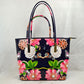 Glossy Patent Floral Tote Bag with Bow Accent and Double Handles - Tote Bag