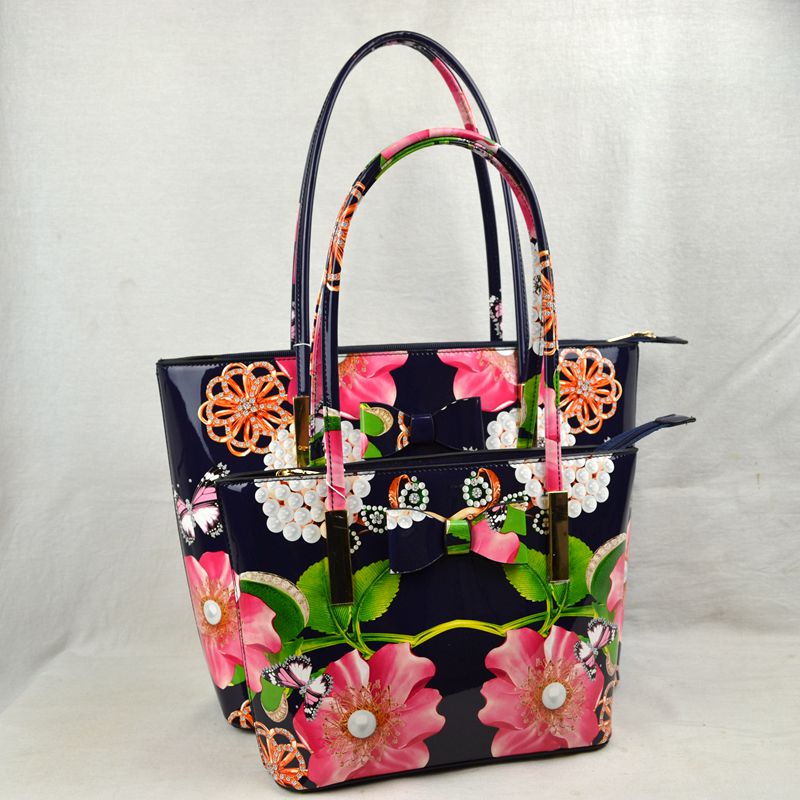 Glossy Patent Floral Tote Bag with Bow Accent and Double Handles - Tote Bag