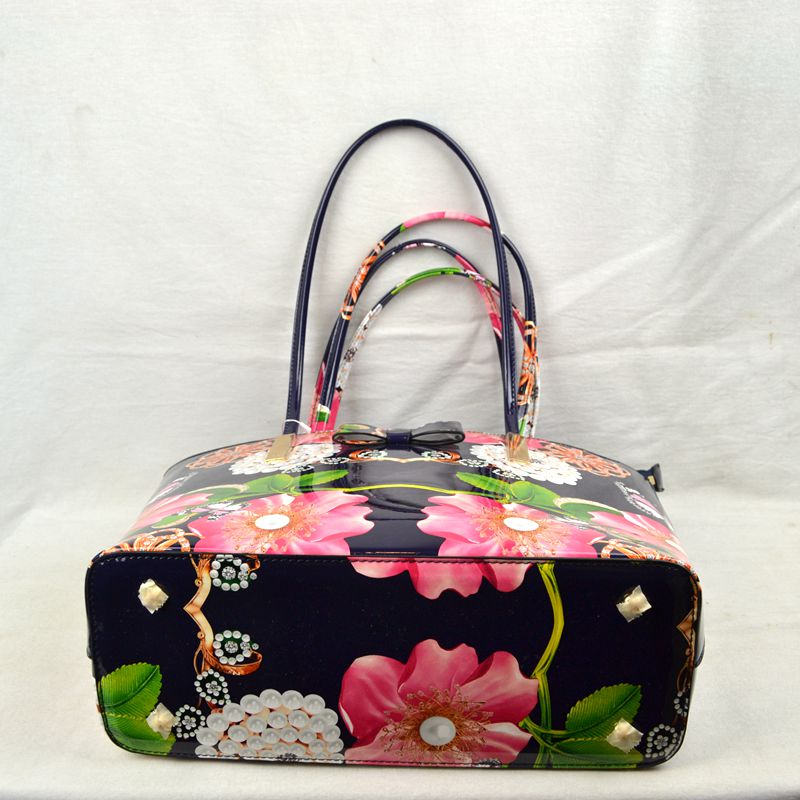Glossy Patent Floral Tote Bag with Bow Accent and Double Handles - Tote Bag