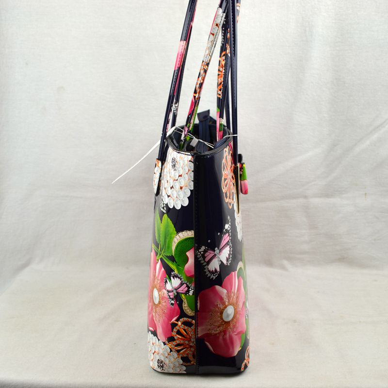 Glossy Patent Floral Tote Bag with Bow Accent and Double Handles - Tote Bag