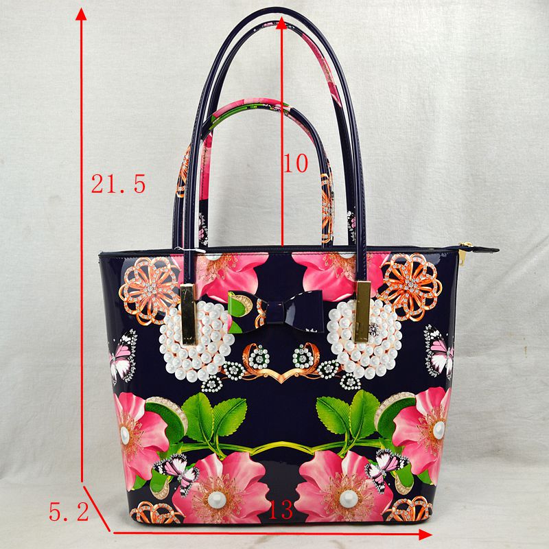 Glossy Patent Floral Tote Bag with Bow Accent and Double Handles - Tote Bag
