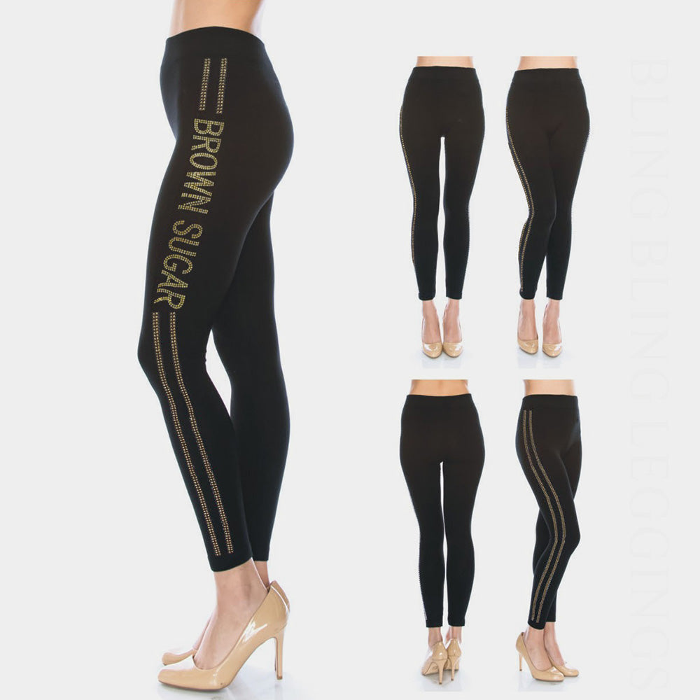 Madeline Love Black, Gold 'Brown Sugar' Embellished Lines Detail Leggings - Apparel - desc